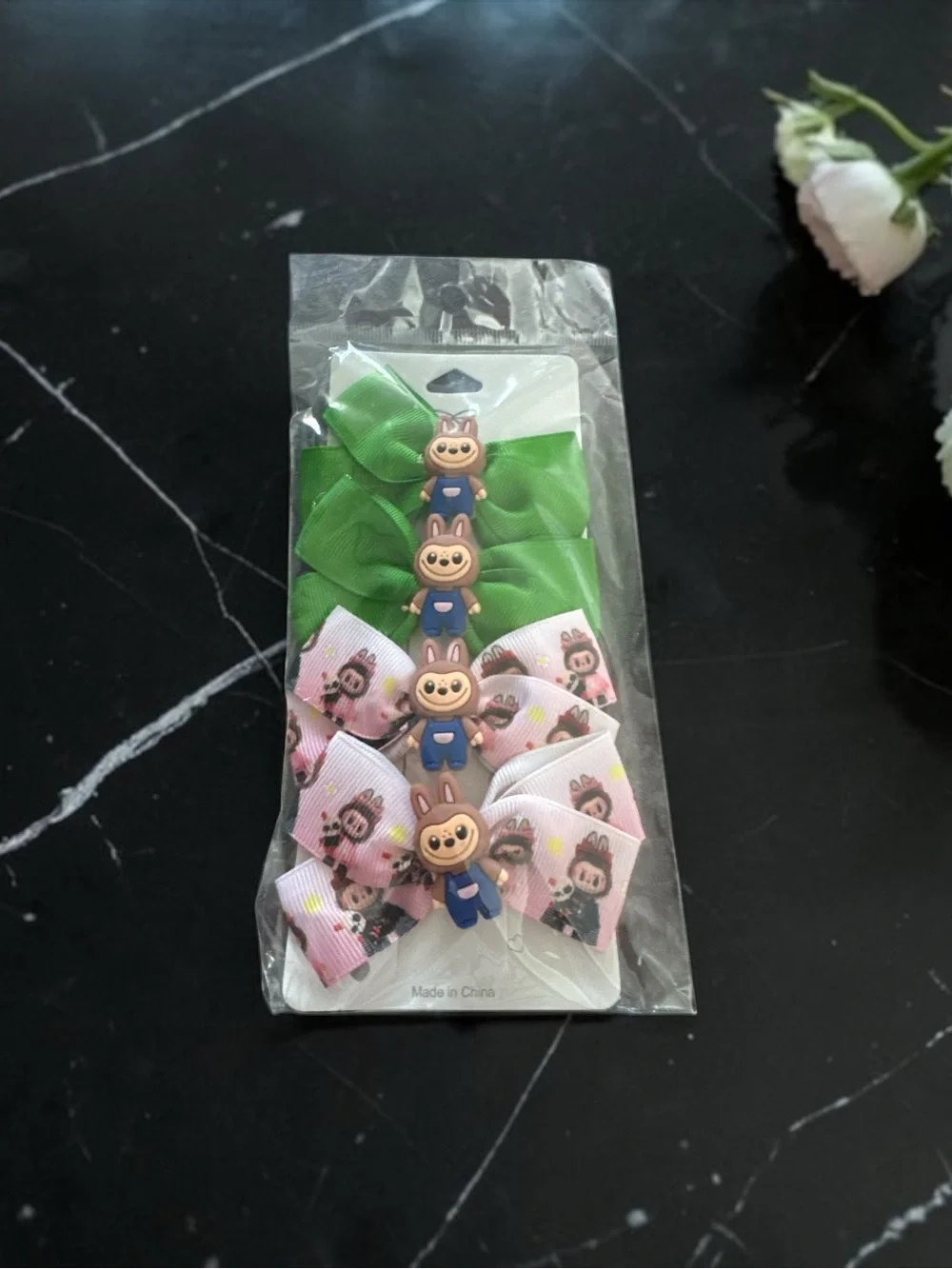The Monster kids Bow Hair Clip Set with Green and Pink Accents NIP